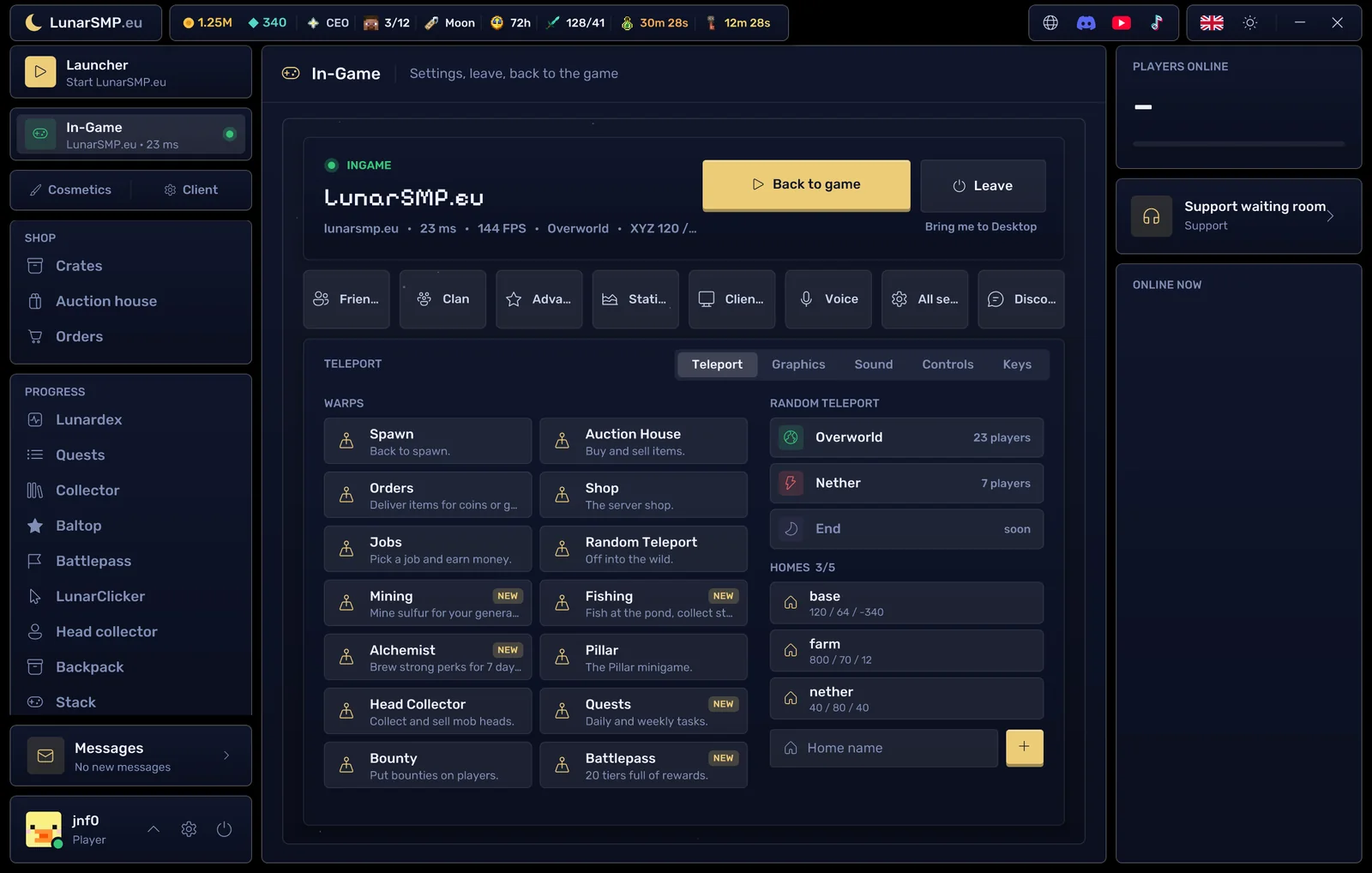 The LunarSMP Utility opened with Esc over Minecraft